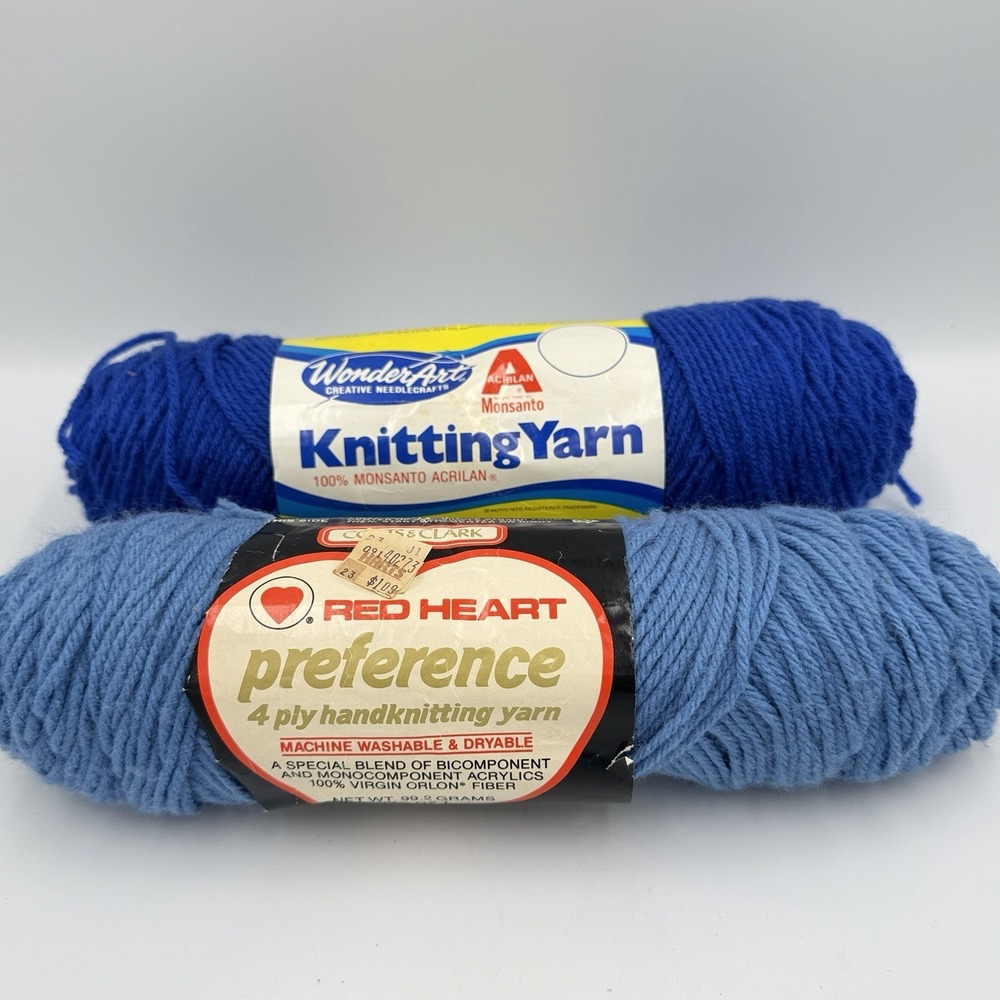 VTG Yarn Lot 2 Blue WonderArt Monsanto Acrilan Red Heart Preference 4 Ply 3.5 Oz